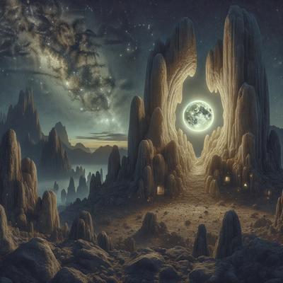 The primary subject of the image is a large, intricately designed stone structure with a moon in the center. The setting is a dark, starry night, creating a mysterious and captivating atmosphere. The visual style is a combination of digital art and illustration, showcasing the artist's creativity and attention to detail. The colors and mood are predominantly dark, with the moon and stars providing a sense of wonder and enchantment.